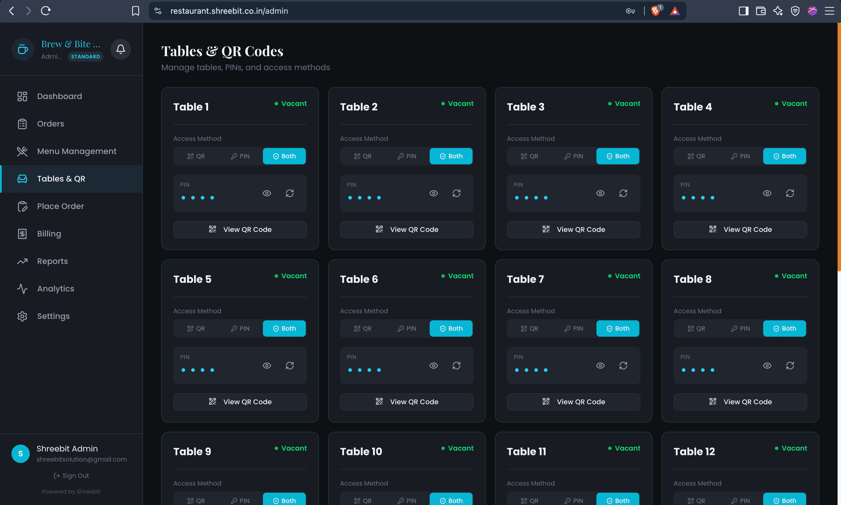 Tables & QR codes — dark theme