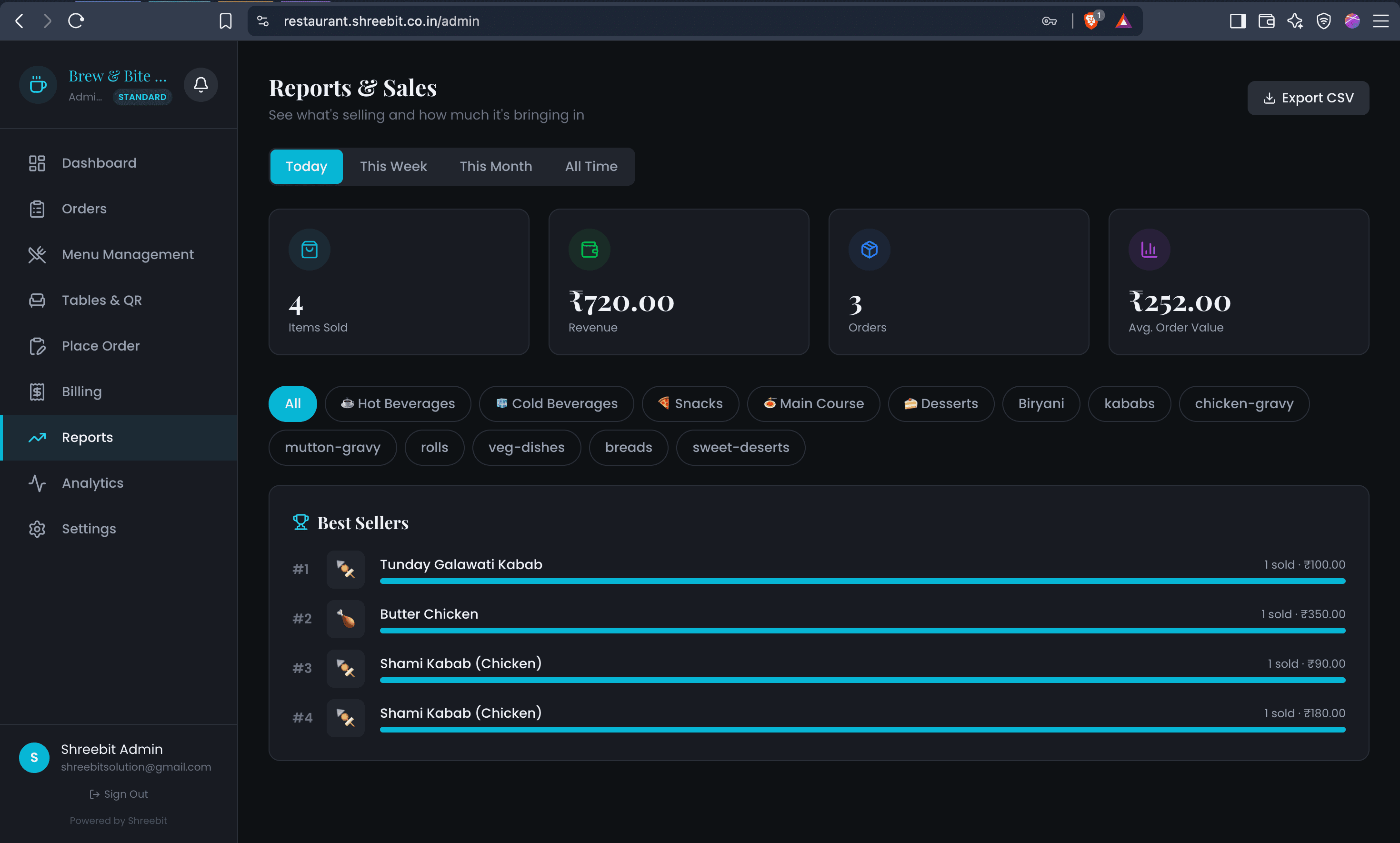 Reports & sales — dark theme